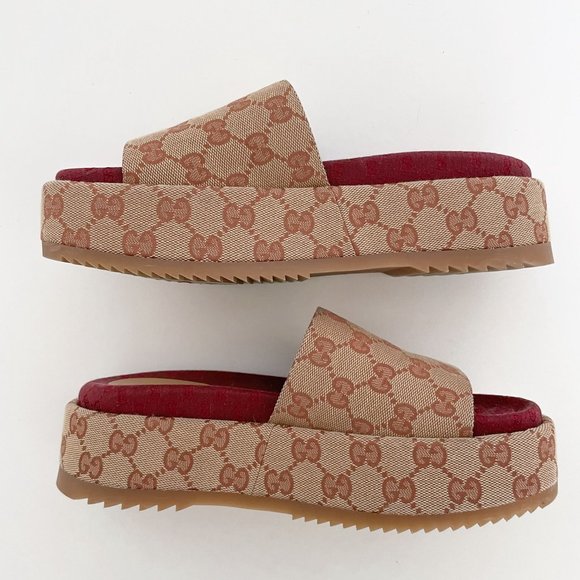 Gucci Angelina GG Platform Slides EU 38 US Women's 8 Tan Sandal Original Logo - Picture 8 of 12